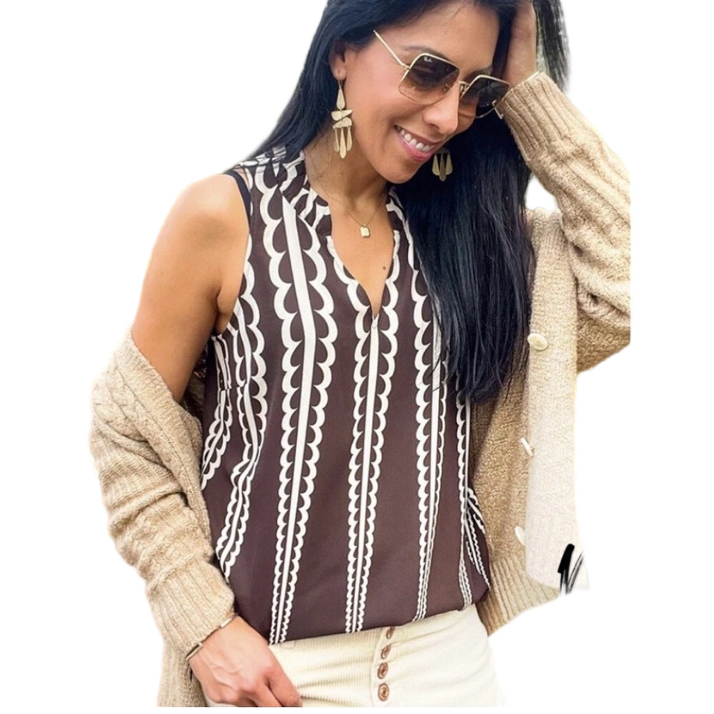 CAbi Deco Blouse in Brown and Cream Lightweight Sleeveless XS NWT